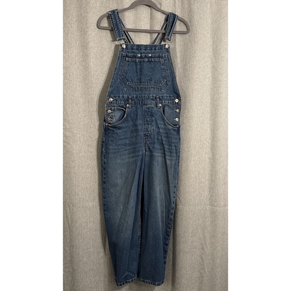 We The Free People Good Luck Barrel Overalls Women Size Small Blue Denim
